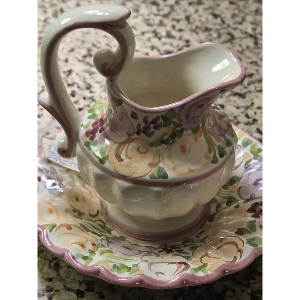 Vintage Alcobaca Portugal Hand Painted Creamer Pitcher w/ Underplate Saucer Vest